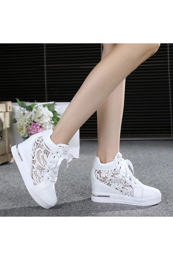 Women's Lace-Up Hidden Heel Platform Sneakers, Comfort Casual Pumps with Built-in Heel & Stylish Support White 35