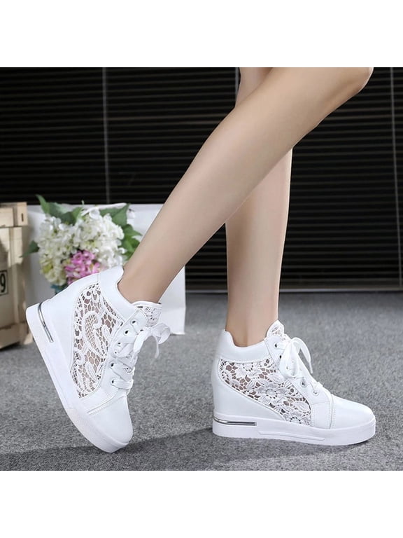 Women's Lace-Up Hidden Heel Platform Sneakers, Comfort Casual Pumps with Built-in Heel & Stylish Support White 36