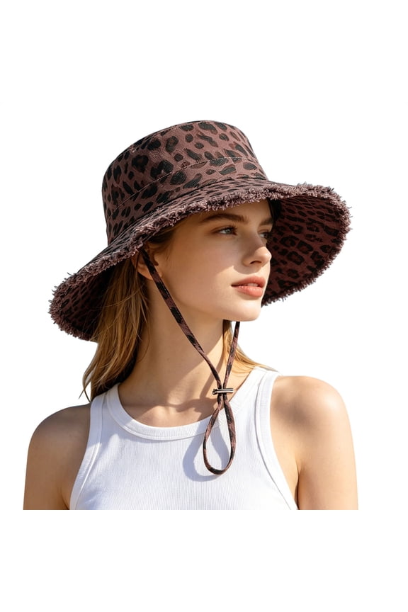 Women's Leopard Print Bucket Hat, Frayed Wide Brim Sun Hat, Adjustable Chin Strap Cap for Vacation, Hiking, Beach & Outdoor Activities Brown One Size