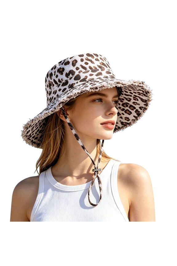 Women's Leopard Print Bucket Hat, Frayed Wide Brim Sun Hat, Adjustable Chin Strap Cap for Vacation, Hiking, Beach & Outdoor Activities White One Size