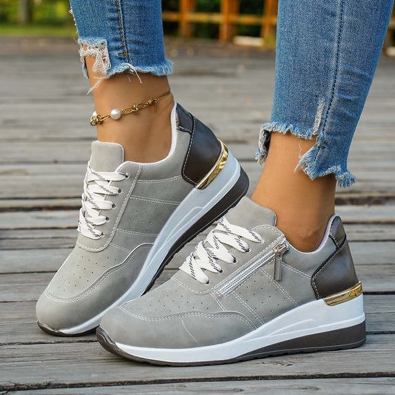 KANG Fashion Women's New Arrival Plus Size Low-Top Sneakers, Two-Tone Color Block, Platform Sole, Lace-Up with Side Zipper, Comfort Casual Walking Shoes Grey 41