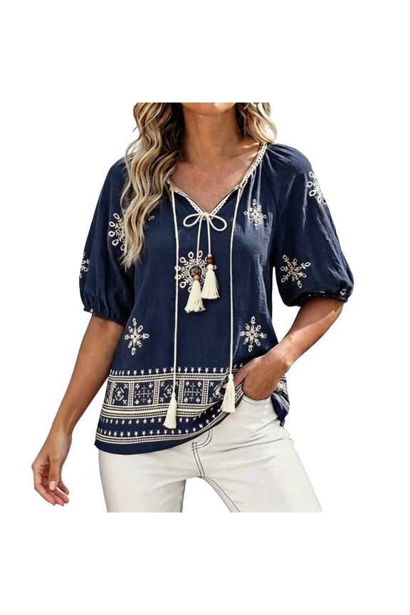 Women's Plus Size Floral V Neck Summer Tops Cotton Blend Loose Fringed Blouse Flattering Patterned Casual Shirts Blue XL
