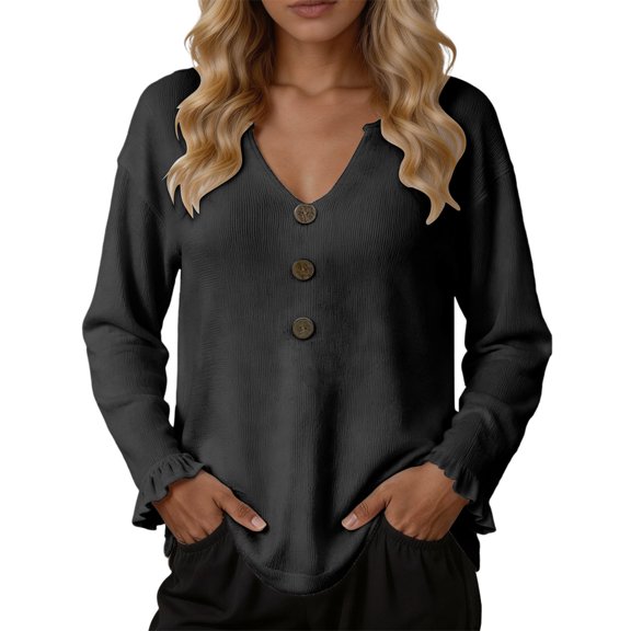 KANG Fashion Women's Plus Size Knit Sweaters Button V Neck Ruffle Relaxed Fit Textured Casual Daily Knitted Tops Black S