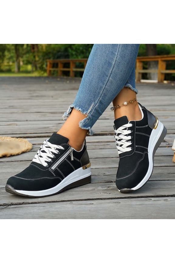 Women's Plus Size Low Top Lace-Up Sneakers, Two-Tone Platform Casual Shoes, Side Zipper Comfort Fashion Sneakers Black 38