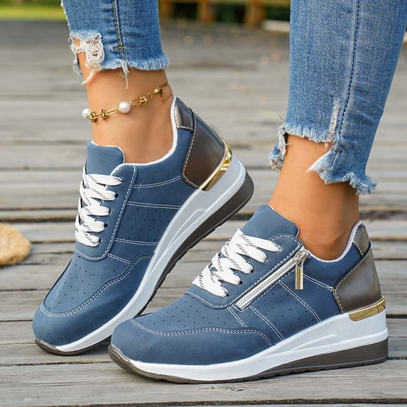 KANG Fashion Women's Plus Size Low Top Lace-Up Sneakers, Two-Tone Platform Casual Shoes, Side Zipper Comfort Fashion Sneakers Blue 37