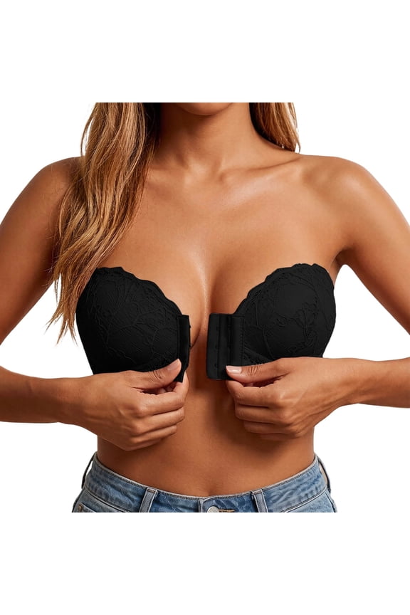 Women‘s Strapless Front Closure Push Up Lace Unlined Bra Seamless Wirefree Support Lift Bust Enhancer Black L