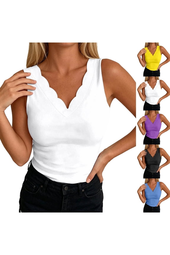 Women's Summer Casual Solid Color Scalloped Trim V-Neck Tank Top Plus Size Sleeveless Blouse Lightweight Daily Wear Vest White L