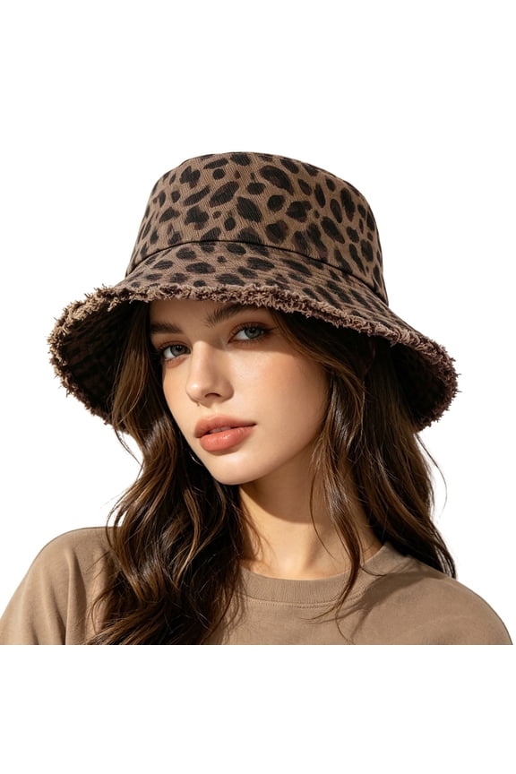 Women's Vintage Leopard Print Bucket Hat, Frayed Fringe Wide Brim Sun Hat, Casual Chic Cap for Vacation, Hiking, Outdoor Activities Coffee One Size