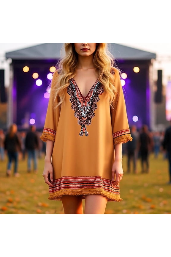 Women's Vintage Western Bohemian Fringe Maxi Dress Ethnic Embroidery Flowy Soft Comfortable Retro Desert Party Casual Wear Yellow XXL