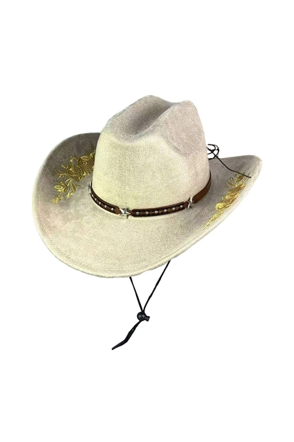 Women's Western Cowboy Hat, Embroidered Wide Brim Sun Hat, Adjustable Classic Fedora for Vacation Outfits, Riding & Outdoor Activities Beige One Size