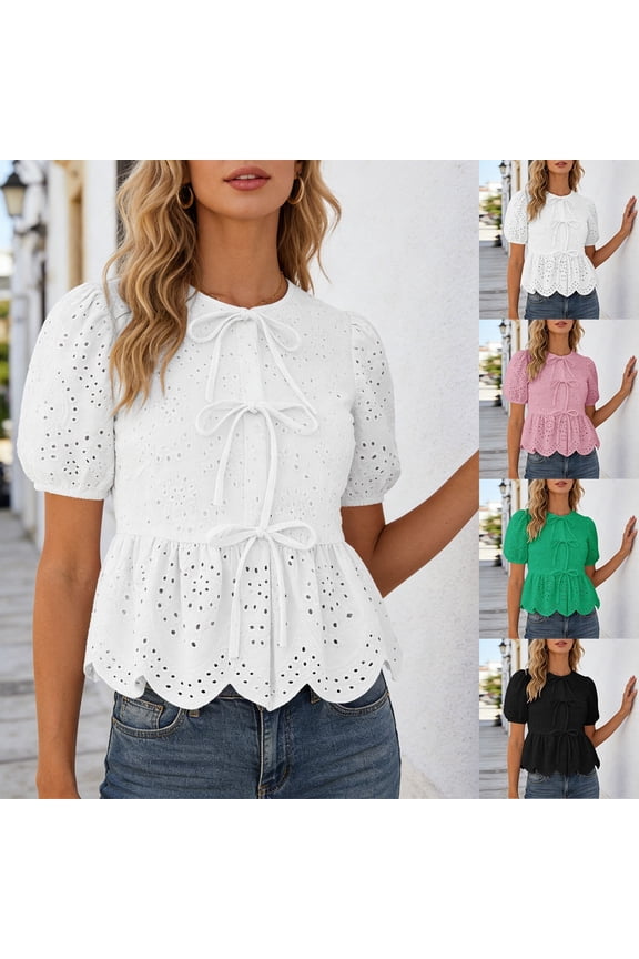 Womens Summer Tops Solid Color Peter Pan Collar Blouse Puff Sleeve Ruffle Ribbon Tie Front Cute Casual Beach Womens Shirts White L