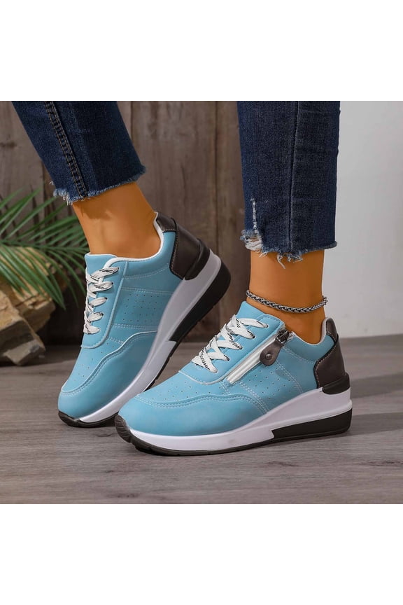 Fashionable Lace Up Sneakers With Thick Sole For Versatile Style And Comfort Light Blue 37