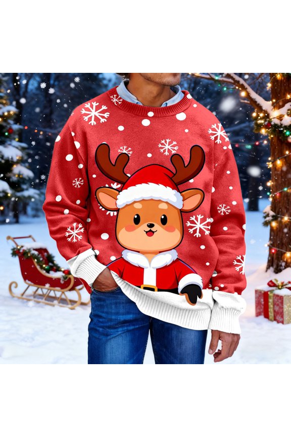 Festive Knit Sweater With Print Long Sleeve Crewneck Comfortable Holiday Pullover For Winter Outfits Ideal For Seasonal Celebrations Casual Wardrobe
