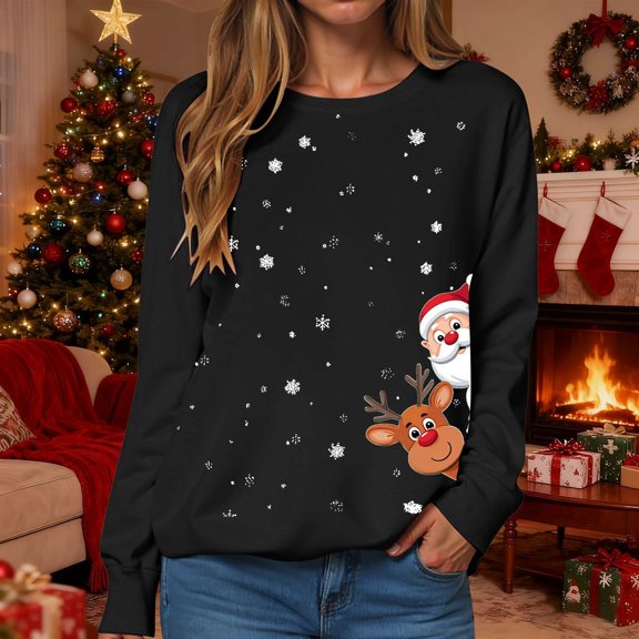 KANG Festive Print Sleepwear Long Sleeve Nightgown Soft Flannel Loungewear Cozy Holiday Pajama Shirt For Winter Comfort Relaxation Black XL