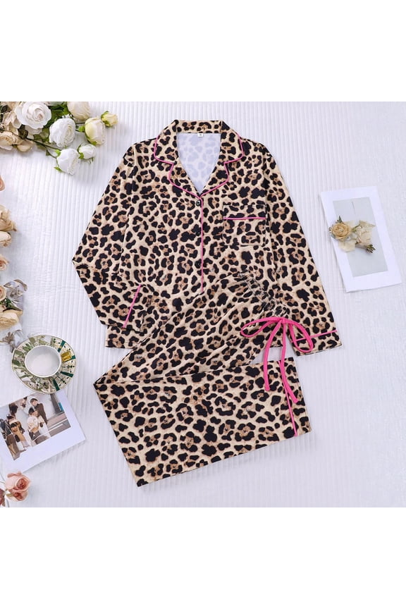 Floral Leopard Print Pajama Long Sleeve Button Down Shirt And Pants Comfortable Sleepwear For Cozy Nights And Relaxing At Home Khaki M
