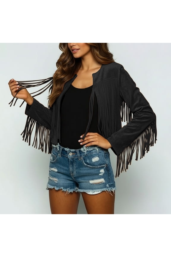 Fringe Detail Casual Jacket Suede Round Neck Open Front Outerwear Coat For Daily Street Style Comfortable Lightweight Soft Versatile Layering Piece