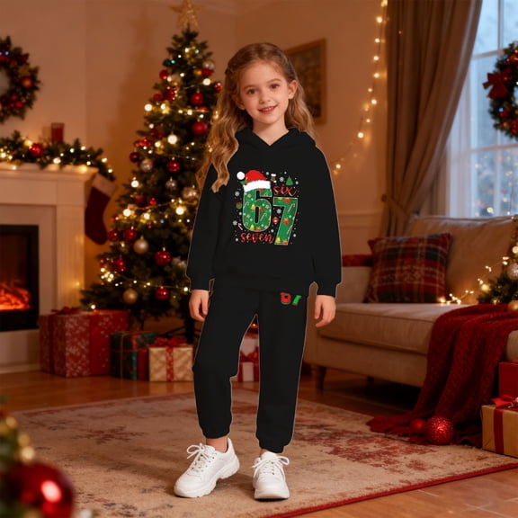 KANG Girls Tracksuit Christmas Winter Warm 67 Pullover Hoodie With Pants Kids Casual Outfit Cute 6 7 Printed Jogger Two Piece Xmas Set Black 100