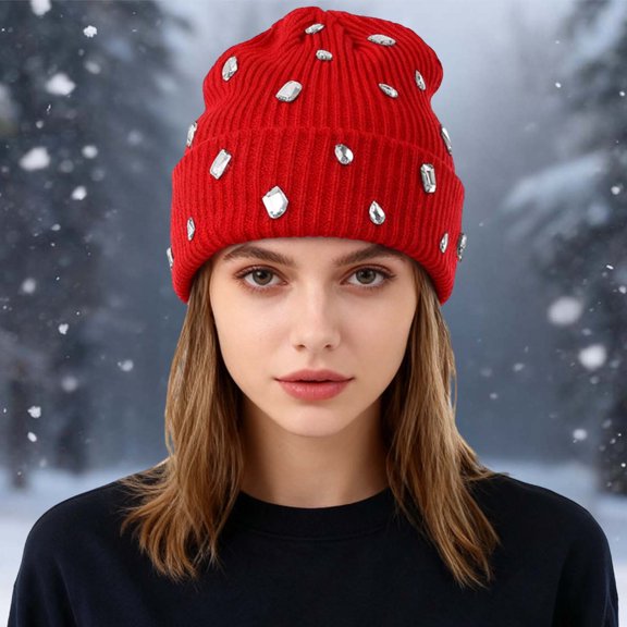 KANG Girls' Pearl Glitter Knitted Hat Double Layer Outdoor Warm Personality Street Red One Size