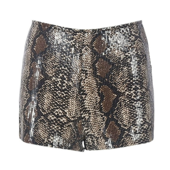 KANG Glitter Sequin Stretch Casual Shorts Elastic Waist With Animal Print Design For Festive Holiday Celebration And Daily Wear Comfort