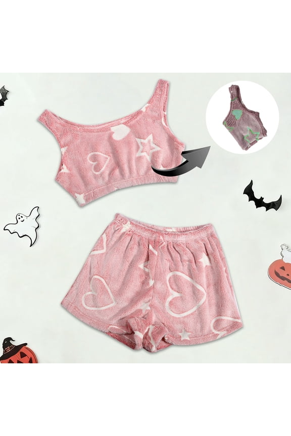 Glow In The Dark Pumpkin Print clothes Cozy Fall Winter Nightwear Cute Sleeveless Tank Top With Shorts