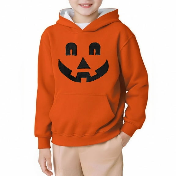 KANG Halloween Pumpkin Face Hooded Sweatshirt Long Sleeve Pullover Cozy Warm Casual Outerwear For Kids Youth Big Party Fall Winter Seasonal Apparel