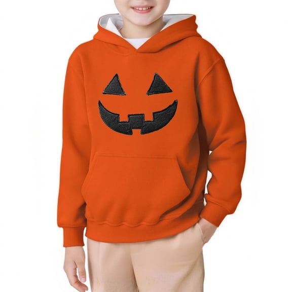 KANG Halloween Pumpkin Face Fleece Hooded Sweatshirt Long Sleeve Pullover For Kids Youth Cozy Fall Outerwear