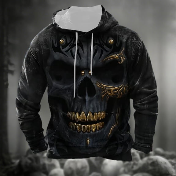 KANG Halloween Skeleton Print Pullover Hooded Sweatshirt Long Sleeve Casual Streetwear Jacket With Pocket
