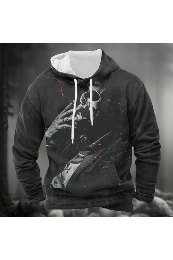 Halloween Skeleton Print Pullover Hooded Sweatshirt Long Sleeve Casual Streetwear Jacket With Pocket