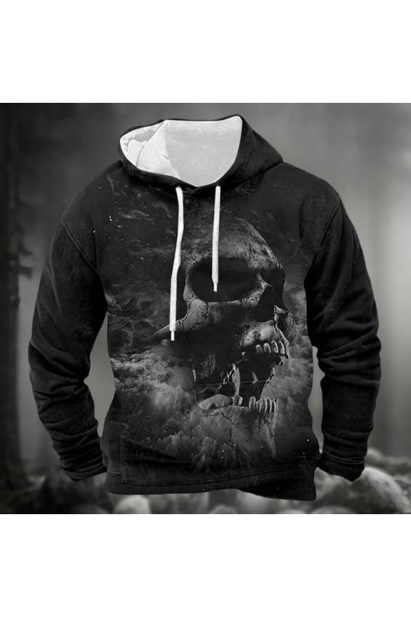 Halloween Skeleton Print Pullover Hooded Sweatshirt Long Sleeve Casual Streetwear Jacket With Pocket