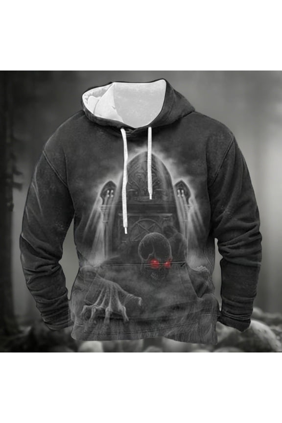 Halloween Skeleton Print Pullover Hooded Sweatshirt Long Sleeve Casual Streetwear Jacket With Pocket