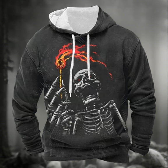 KANG Halloween Skeleton Print Pullover Hooded Sweatshirt Long Sleeve Casual Streetwear Jacket With Pocket