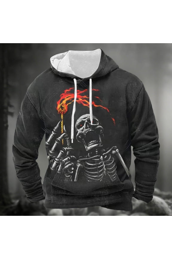 Halloween Skeleton Print Pullover Hooded Sweatshirt Long Sleeve Casual Streetwear Jacket With Pocket