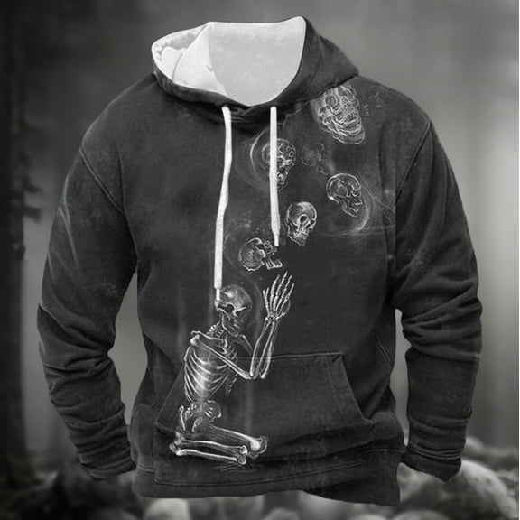 KANG Halloween Skeleton Print Pullover Hooded Sweatshirt Long Sleeve Casual Streetwear Jacket With Pocket