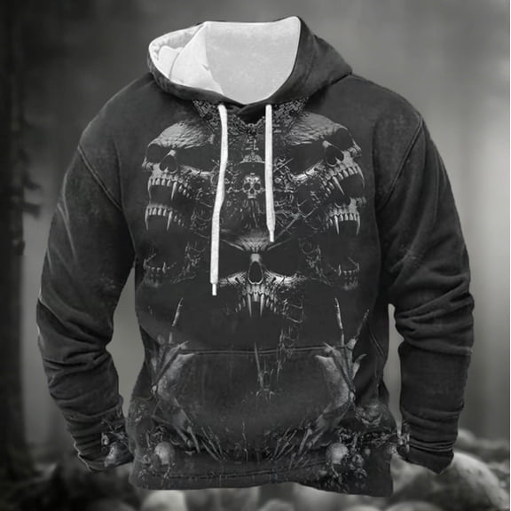 KANG Halloween Skeleton Print Pullover Hooded Sweatshirt Long Sleeve Casual Streetwear Jacket With Pocket