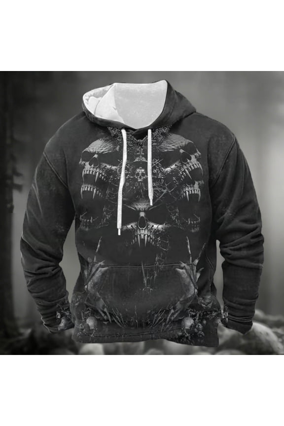 Halloween Skeleton Print Pullover Hooded Sweatshirt Long Sleeve Casual Streetwear Jacket With Pocket