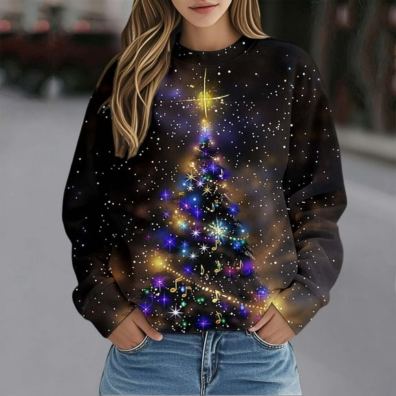 KANG Holiday Print Pullover Long Sleeve Crewneck Casual Winter Warm Fleece Fashion Sweatshirt Top For Ladies