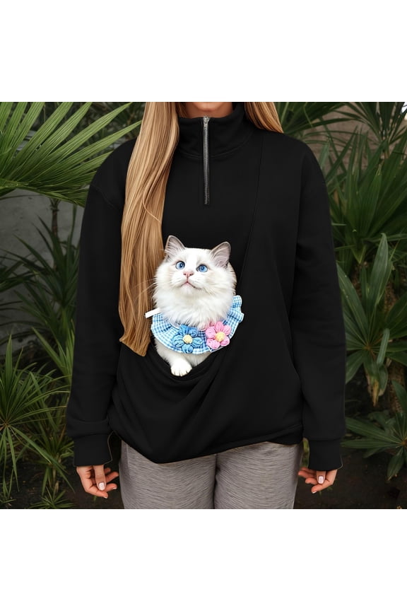 Hoodless Quarter Zip Sweatshirt With Pocket And Sling For Cats Comfortable Soft Fleece Pullover Casual Loungewear Top