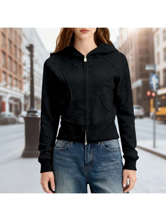 Hot Girl Style Solid Color Waist Slim Fit Zipper Plus Velvet Casual Short Jacket Retro Hooded Sweatshirt