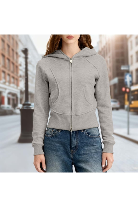 Hot Girl Style Solid Color Waist Slim Fit Zipper Plus Velvet Casual Short Jacket Retro Hooded Sweatshirt