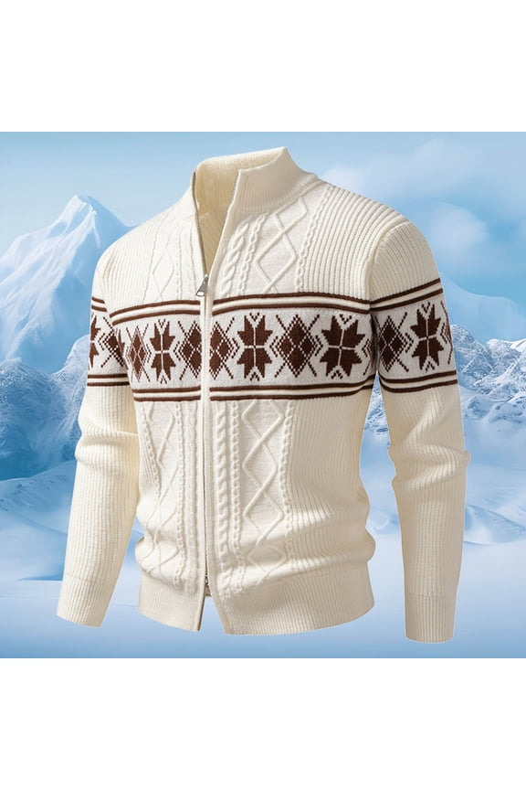 Jacquard Knit Sweater Coat Autumn Winter Stand Collar Warm Textured Pattern Pullover Outerwear For Casual Style