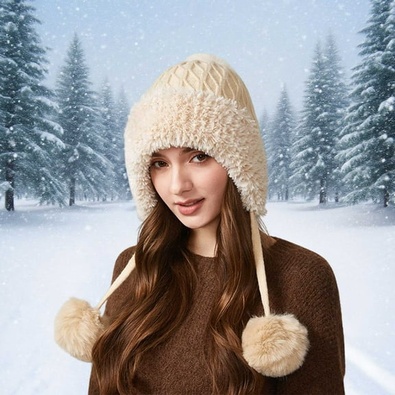 KANG Knitted Hat With Triple Pom Poms Fleece Lined Warm Winter Ear Cold Weather