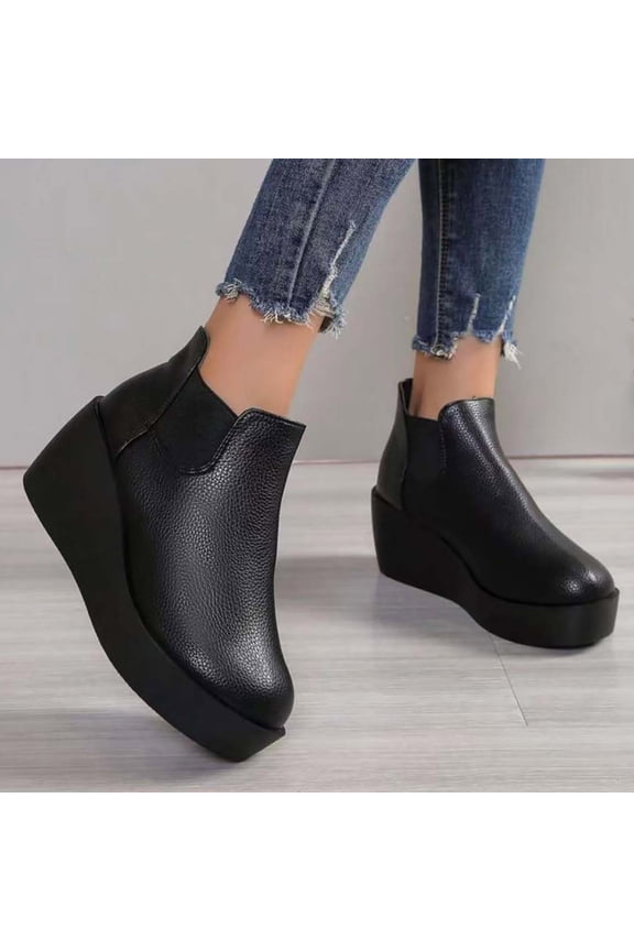 Leather Ankle Boots Slip On Round Toe Style Chunky Low Heel Comfortable Everyday Casual Walking Shoes Black 36