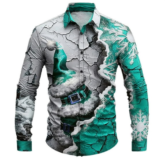 KANG Men's Christmas Fashion 3d Printed Casual Holiday Carnival Button Lapel Long Sleeved Shirt