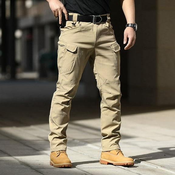 KANG Men's Tapered Cargo Pants | Stretch Softshell Trousers with Hook-and-Loop FastenersKhakiL