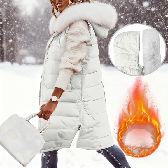 KANG Mid Length Hooded Quilted Vest Coat With Detachable Faux Collar Button Slim Fit Outerwear JacketWhiteXL