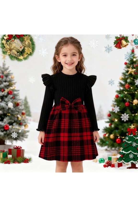 Plaid Christmas Dress | Long Sleeve Party Gown with Bow | Casual & Festive Elegant DressRed5Y