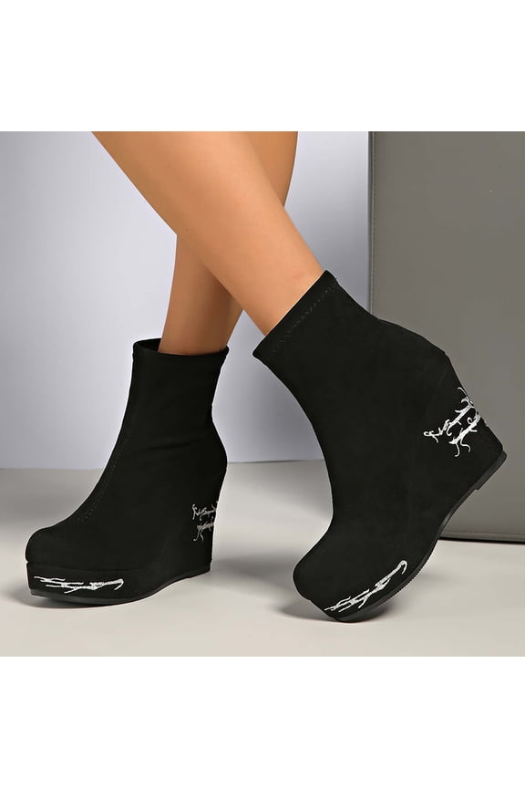 Print Retro Ankle Boots Slip On Round Toe Chunky Low Heel Platform Booties For Casual Comfort And Style Black 36