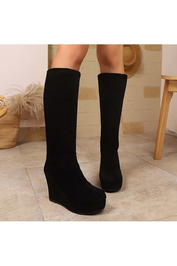 Retro Mid Calf Boots Slip On Round Toe Chunky Low Heel Casual Comfortable Walking Footwear For Daily Outfits Black 36