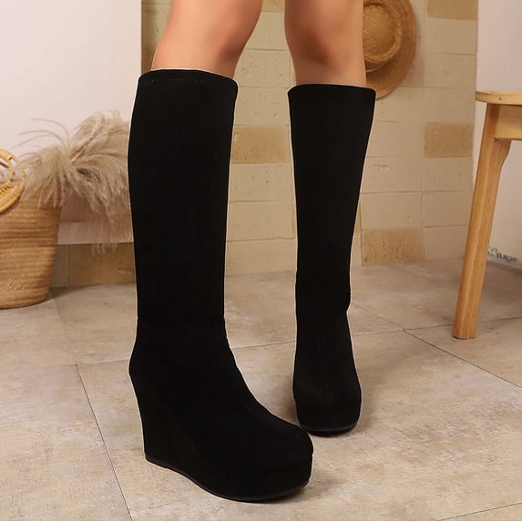 KANG Retro Mid Calf Boots Slip On Round Toe Chunky Low Heel Casual Comfortable Walking Footwear For Daily Outfits Black 36