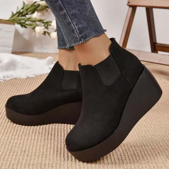 KANG Retro Suede Ankle Boots Slip On Round Toe Chunky Low Heel Platform Booties Comfort Casual Footwear For Daily Wear Black 36